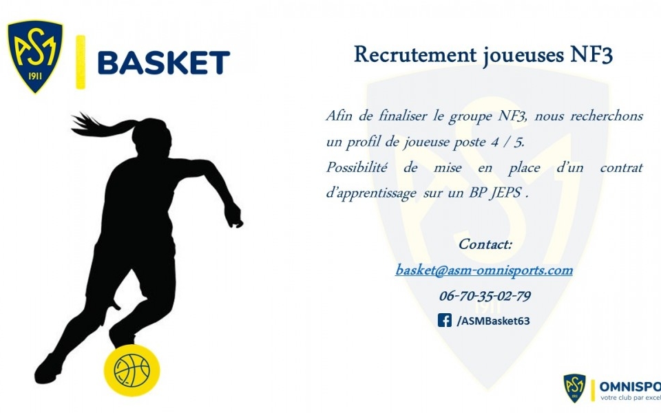 ASM Basket: Recrutement Joueuse NF3