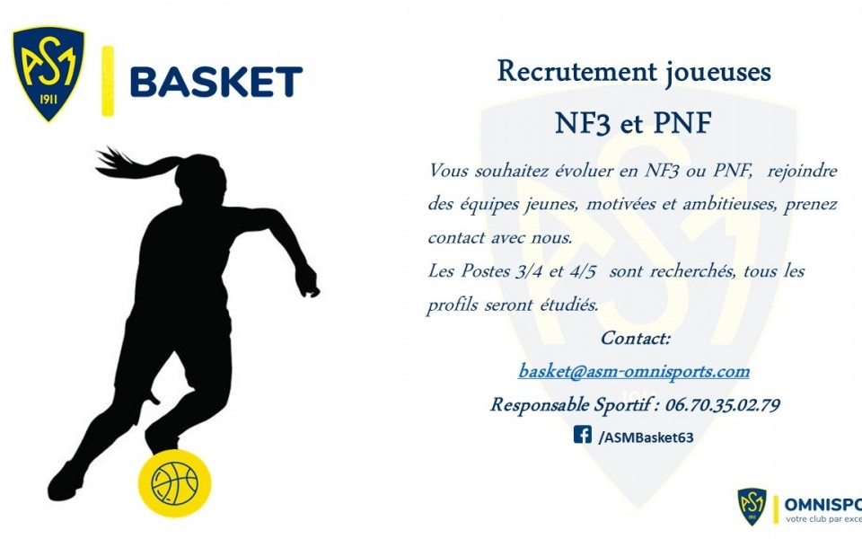 ASM Basket : Recrutement joueuses NF3 – PNF