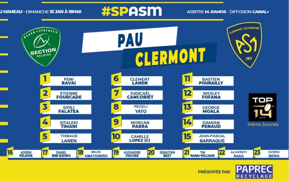 12 joueurs issus de la Formation Clermontoise alignés face à Pau !