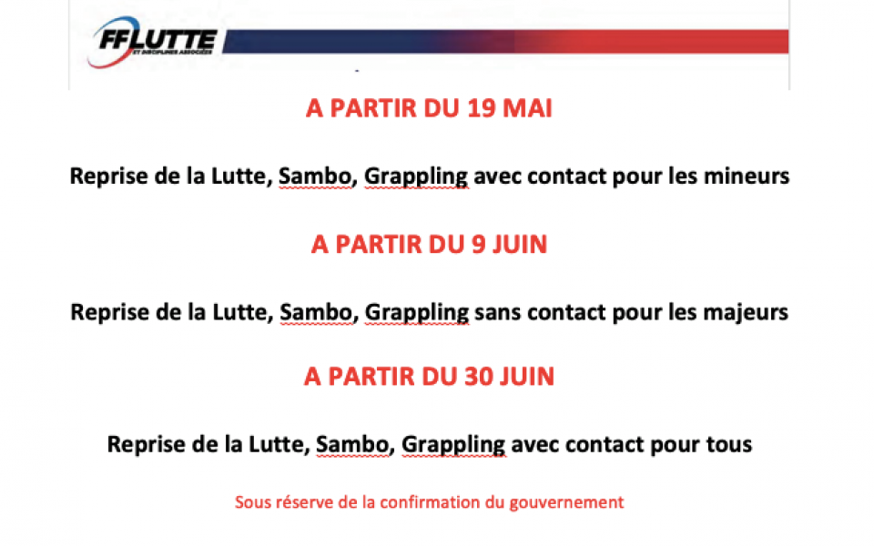 ASM LUTTE – Calendrier de reprise de l’activité et semaine du 3 au 7 mai 2021