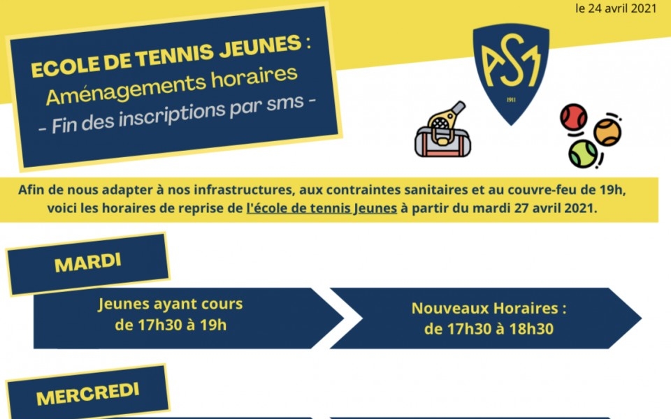 Reprise Ecole de Tennis – Horaires Aménagés à partir du 26 avril 2021