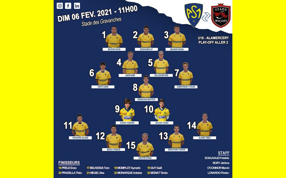 Cadets Alamercery ASM - Stade Niçois dimanche11h Gravanches