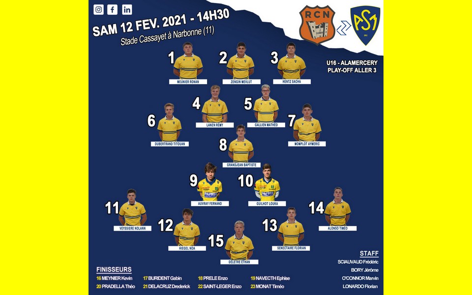 Programme du week-end de nos cadets U15 et U16 et de nos Crabos