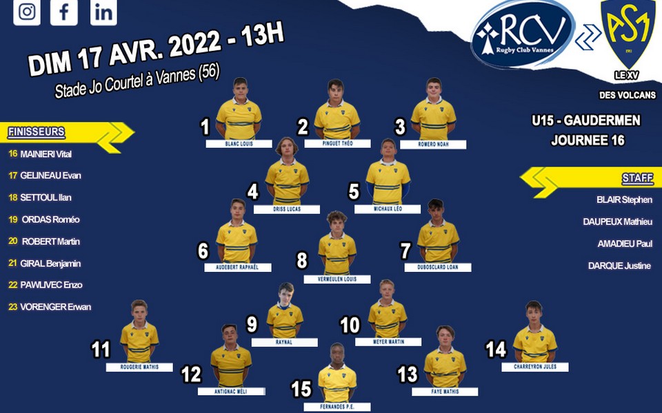 Le programme du week-end de la section rugby : 16 et 17 Avril