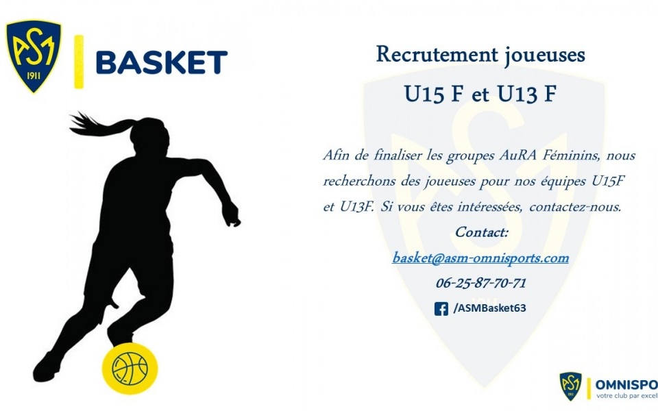 ASM Basket : Recrutement joueuses U15F - U13F AuRA